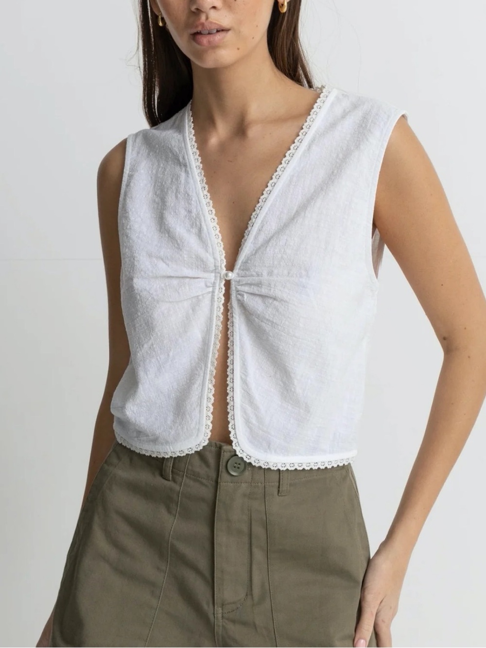 Rhythm White Pearl Vest 100% Cotton Summer Vacation Trendy Small SOLD OUT